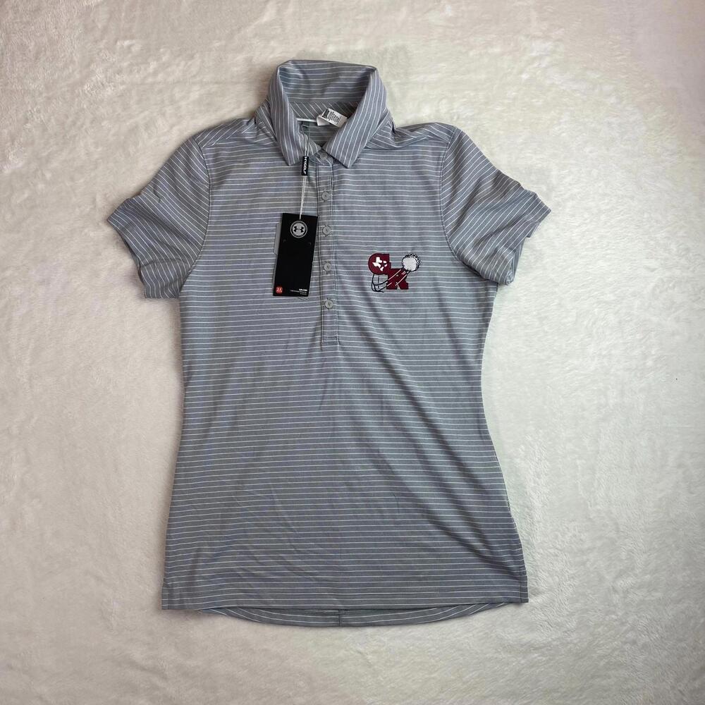 Under Armour Heatgear Shirt Polo Womens Small Texas GR Golf‎ Gray White Striped
